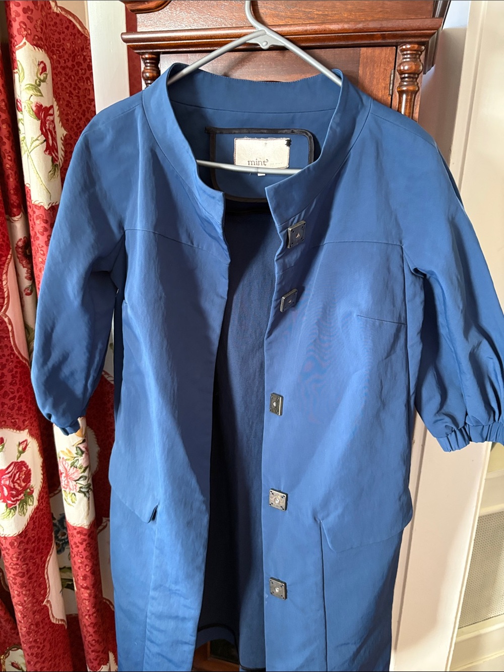 Mint Blue 3/4 Sleeve Stand-Collar Coat with Square Buttons